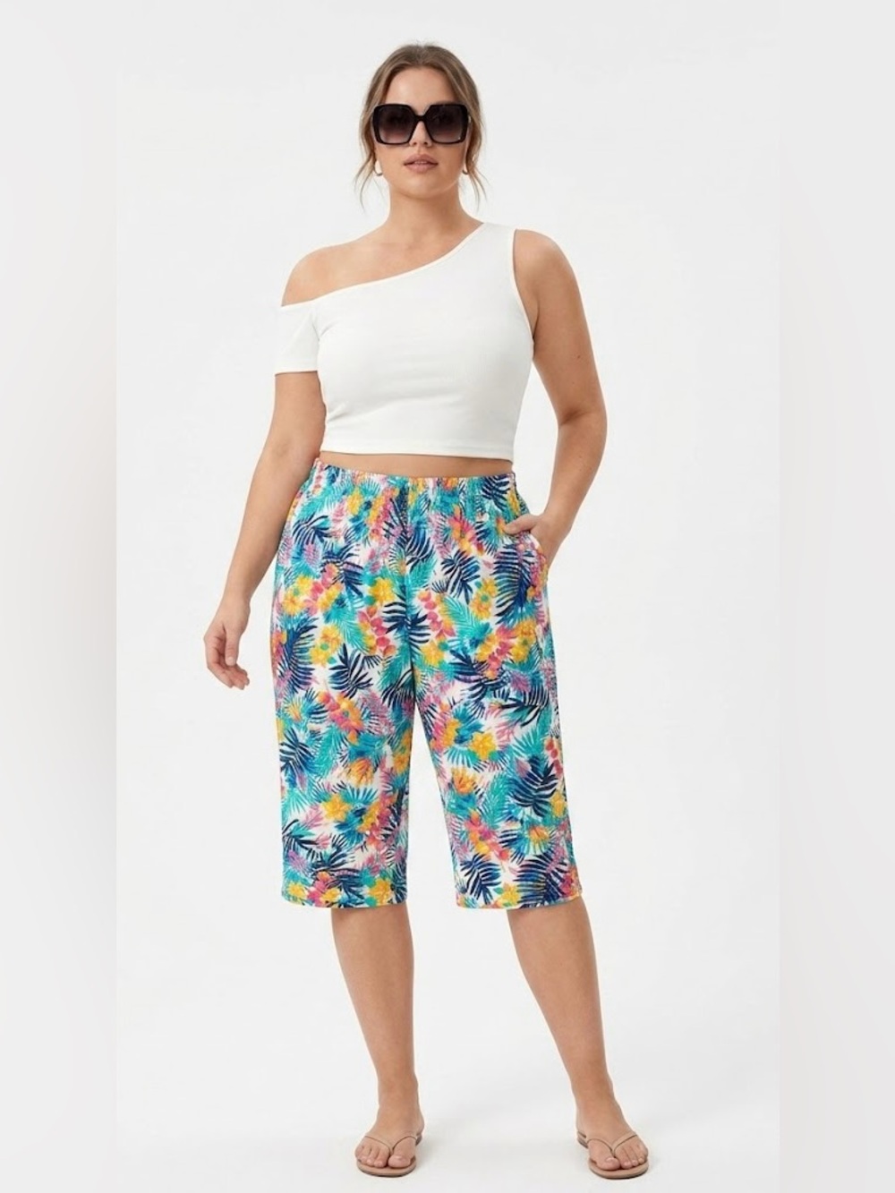 Woman Within Floral Print Elastic Waist Pants - Yellow, Blue, Teal